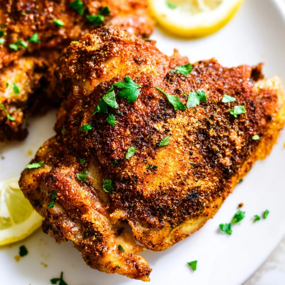 Golden roasted Moroccan spiced chicken thighs with crispy skin and fresh cilantro garnish