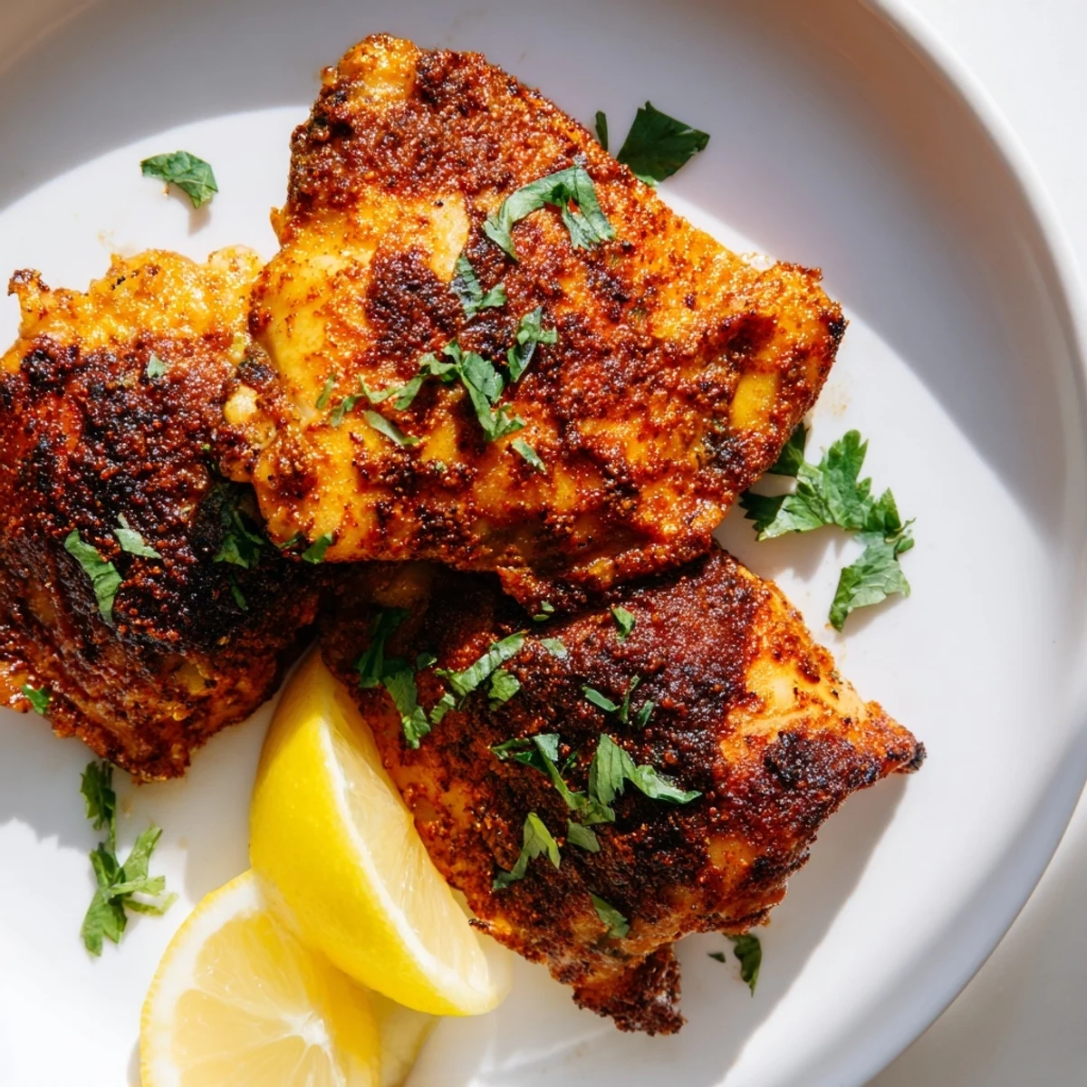 Savory Moroccan spiced chicken thighs served with lemon wedges on a rustic platter