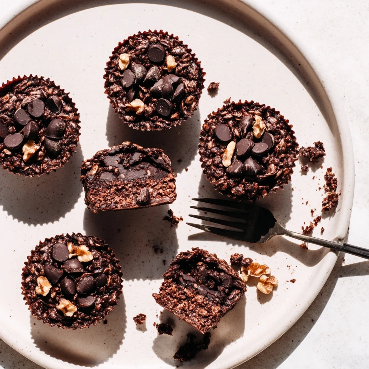 Freshly baked dark chocolate oatmeal cups with melty chips and chopped walnuts on a wire cooling rack