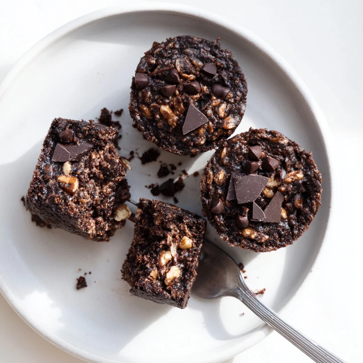 Rich fudgy oatmeal dessert cups topped with dark chocolate chunks and sea salt sprinkles
