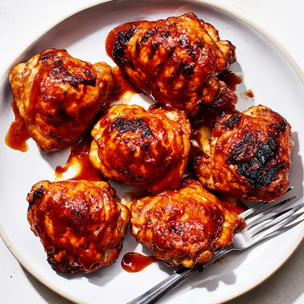 Golden BBQ chicken thighs glistening with smoky sauce, fresh off the grill