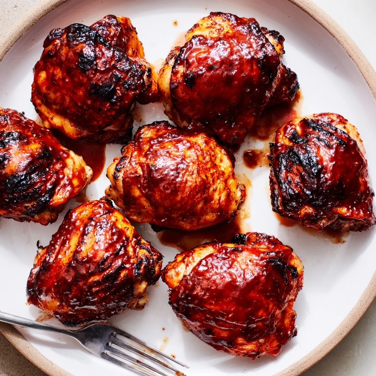 Juicy grilled chicken thighs coated in rich brown sugar and smoked paprika BBQ sauce