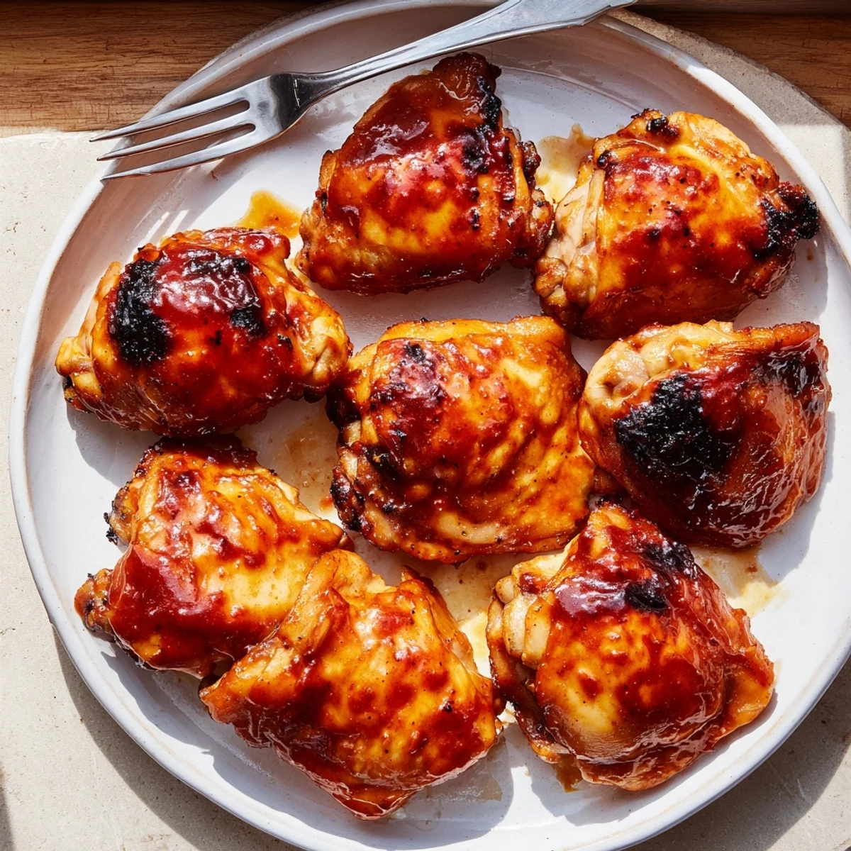 Tender oven-baked BBQ chicken thighs brushed with tangy homemade barbecue glaze