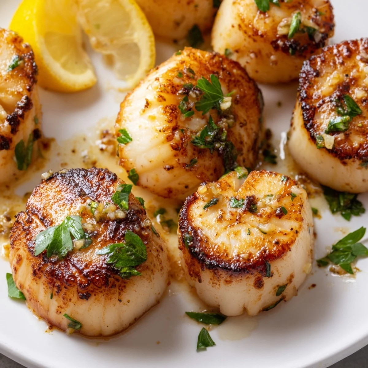 Golden brown grilled scallops recipe with seared edges and fresh lemon wedges