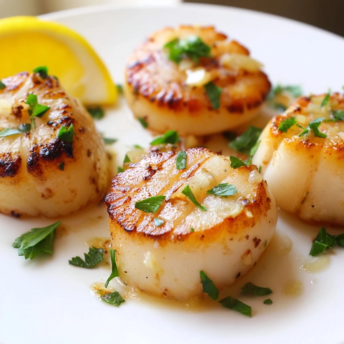 Perfectly charred grilled scallops recipe arranged on a white platter with green parsley garnish