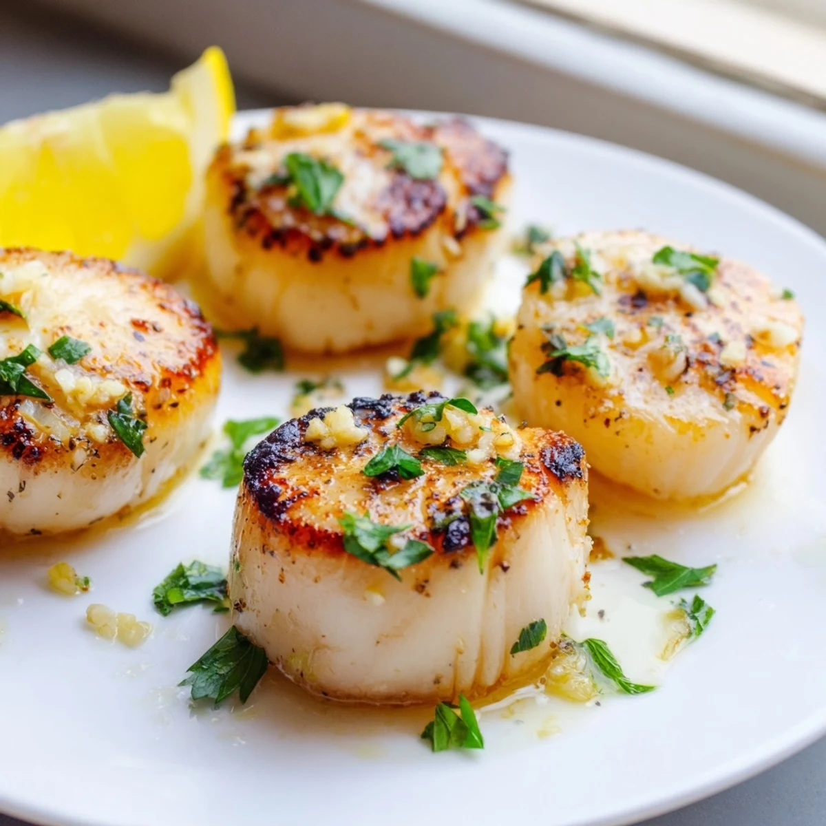 Close up of tender grilled scallops recipe showing golden crust and juicy interior