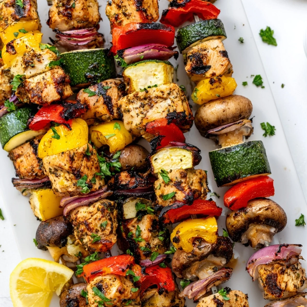 Colorful grilled chicken kabobs with vegetables recipe featuring juicy marinated meat skewered with vibrant bell peppers and charred zucchini