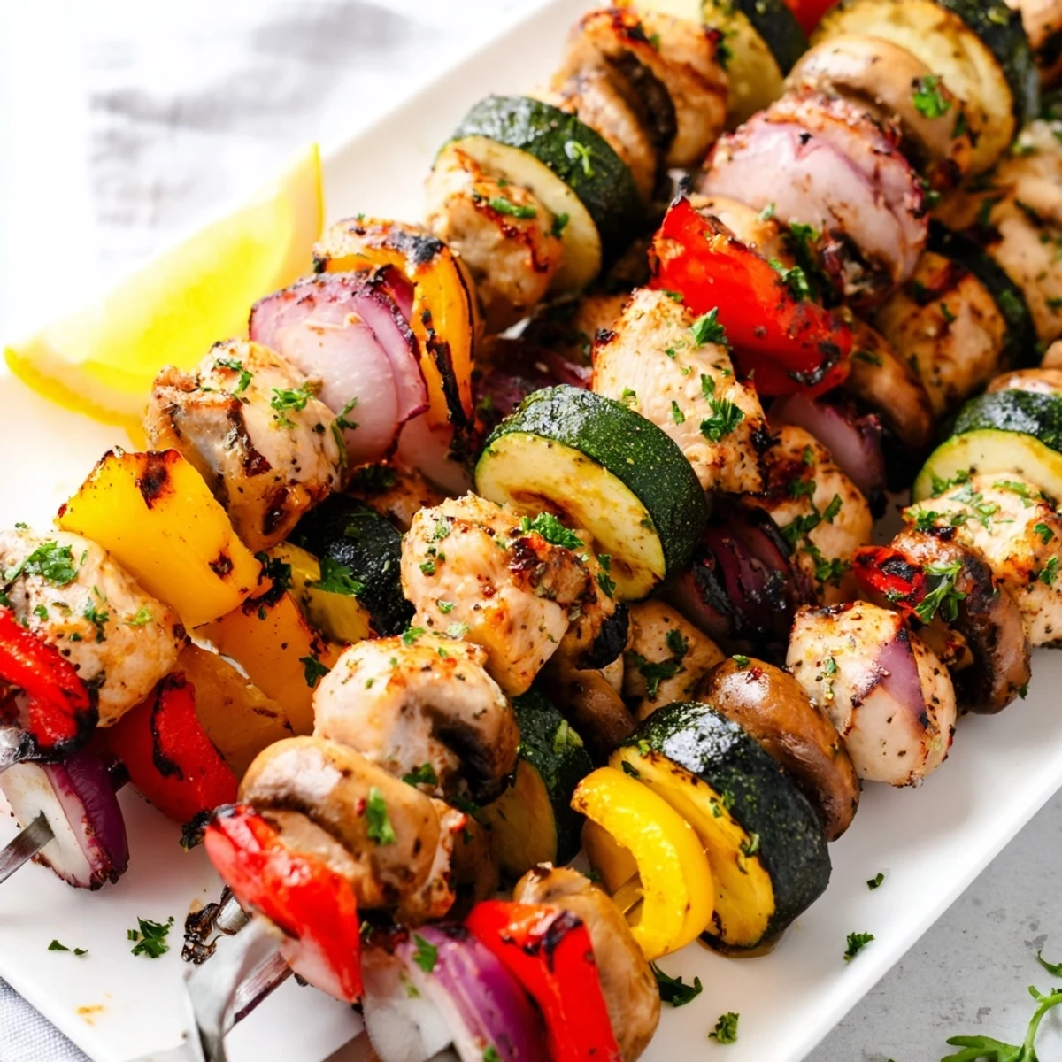 Mediterranean-style grilled chicken kabobs with vegetables recipe showing tender chicken pieces alongside red onions and mushrooms on metal skewers
