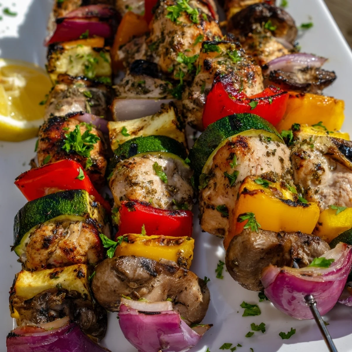 Homemade grilled chicken kabobs with vegetables recipe displaying perfectly grilled chicken and crisp vegetables arranged on a serving platter with parsley