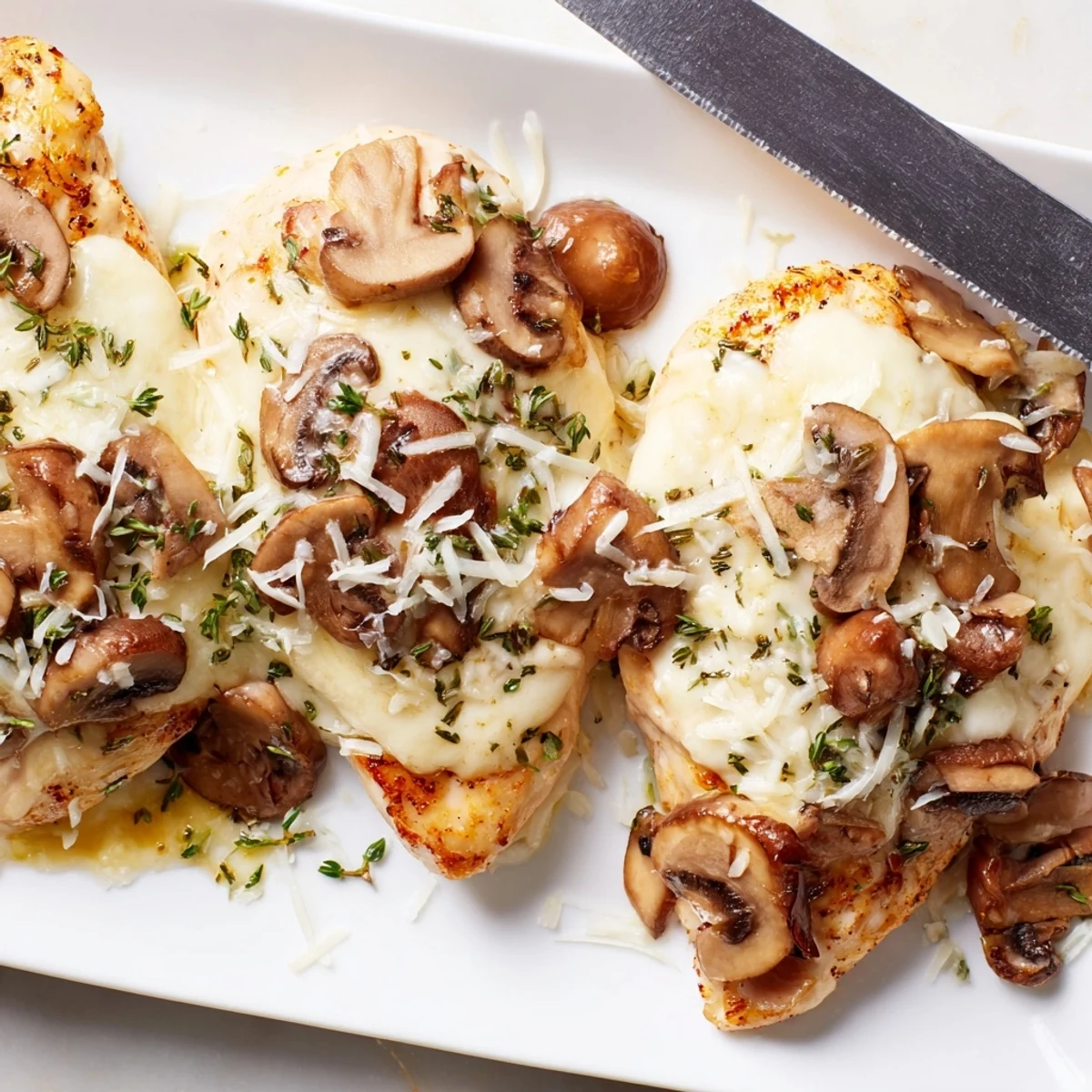 Golden bubbly cheesy baked chicken with mushrooms rests in a baking dish