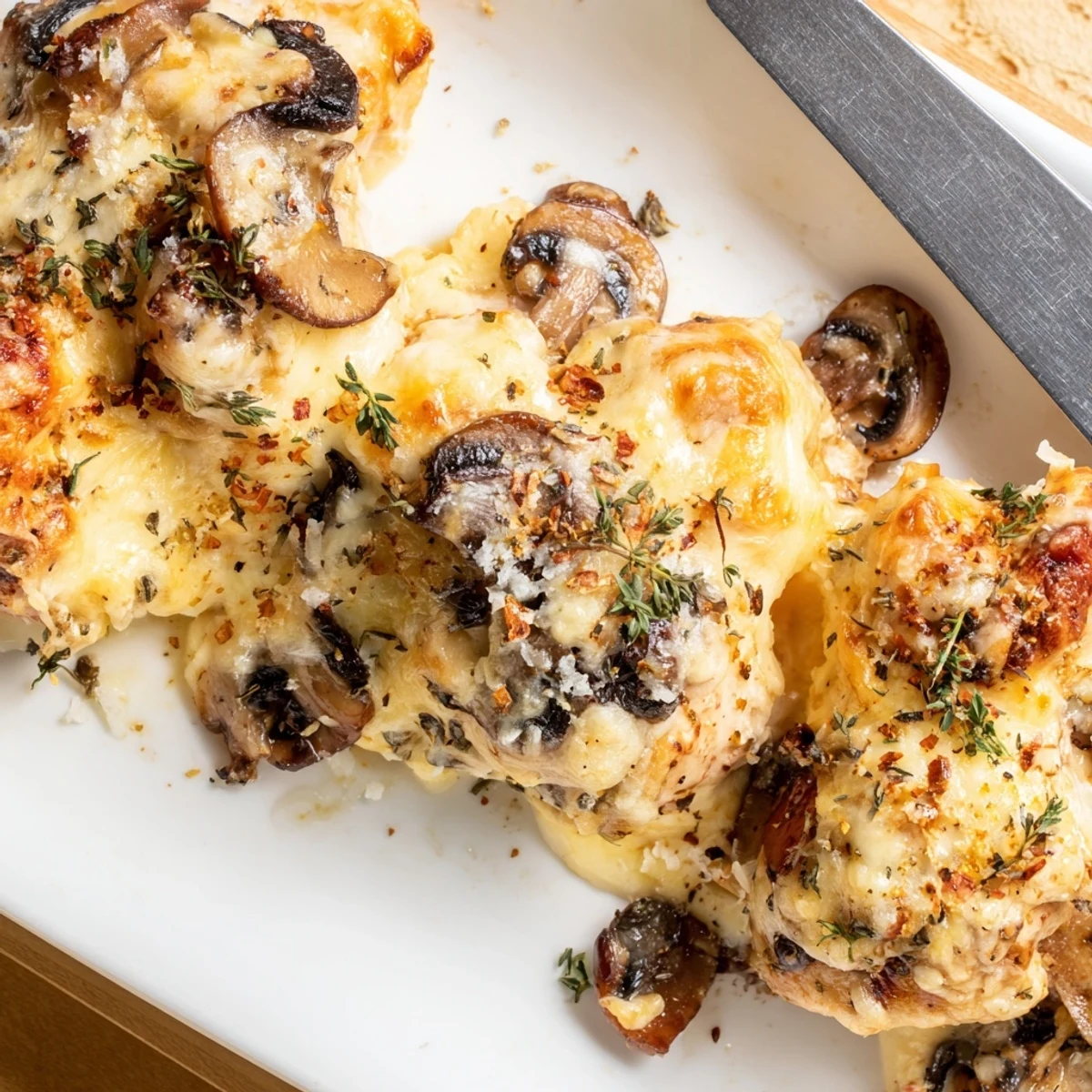 Tender chicken breasts topped with melted mozzarella and sautéed mushrooms