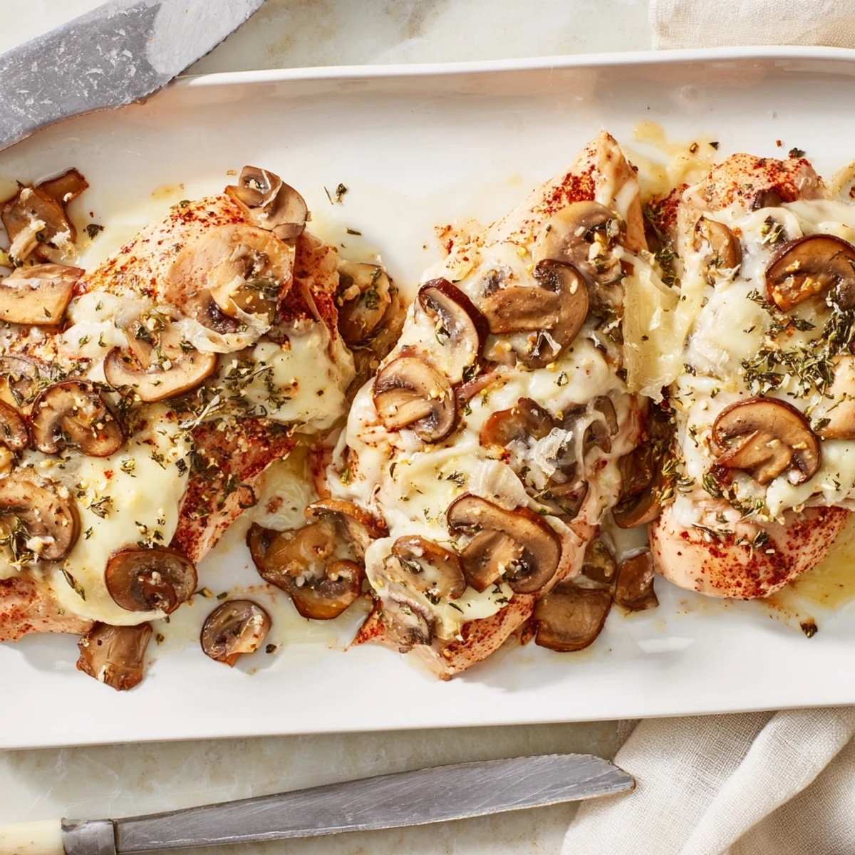 Chicken and mushrooms bake under golden cheese in this comforting casserole