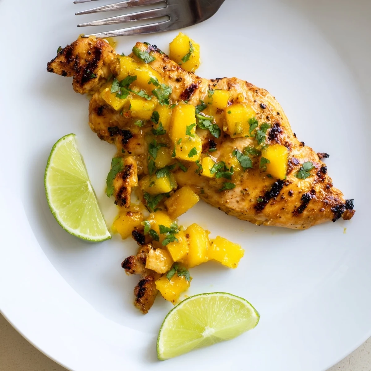Tender chicken breasts grilled to perfection with tropical mango lime marinade and charred grill marks