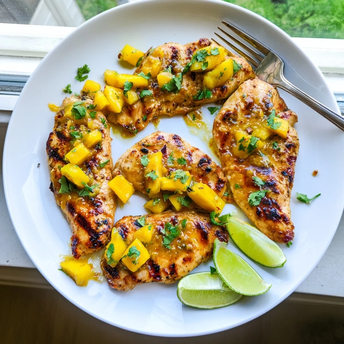 Golden grilled mango lime chicken garnished with fresh cilantro and lime wedges on a white plate