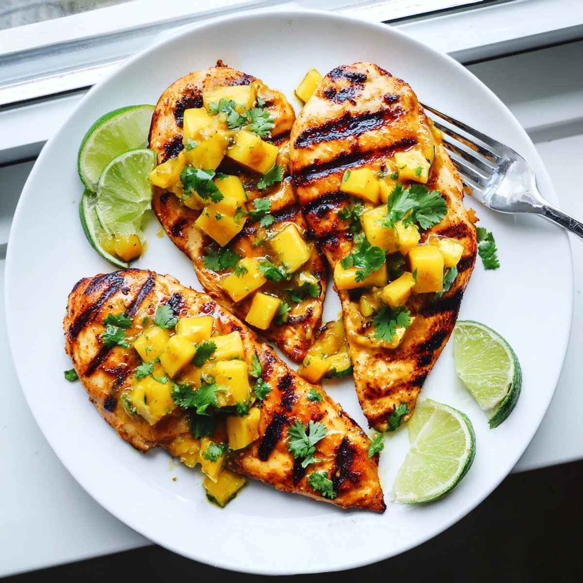 Juicy grilled mango lime chicken resting on a cutting board with vibrant green cilantro sprinkled on top