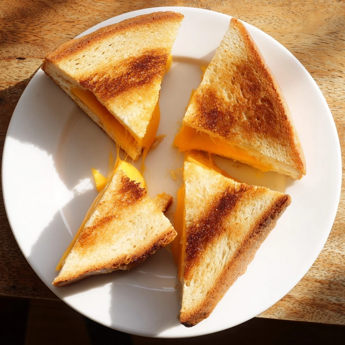 Golden brown grilled cheese sandwich with melted cheddar oozing from buttery toasted white bread