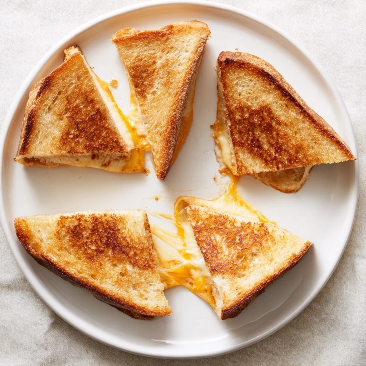 Classic grilled cheese sandwich cut into triangles showing gooey melted cheese between crispy buttered bread slices
