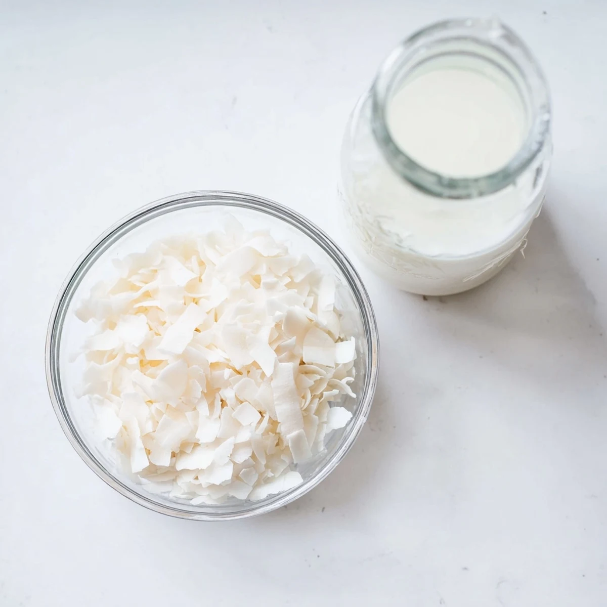 Creamy homemade coconut milk in a glass jar surrounded by fresh shredded coconut