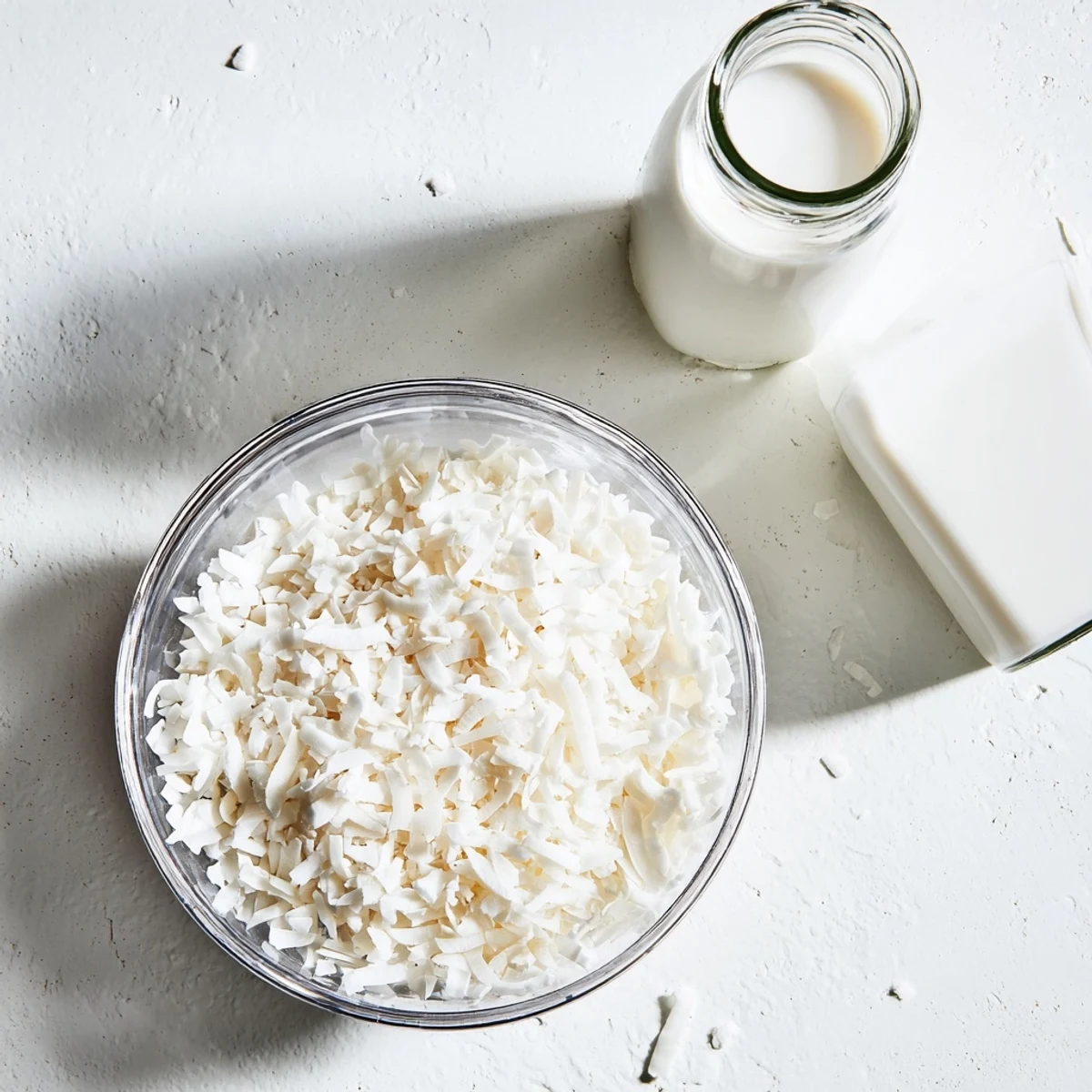 White creamy coconut milk in a mason jar with coconut flakes scattered nearby