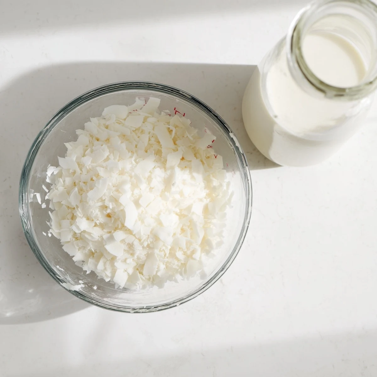 Fresh coconut milk being poured into a clear glass pitcher on a wooden countertop
