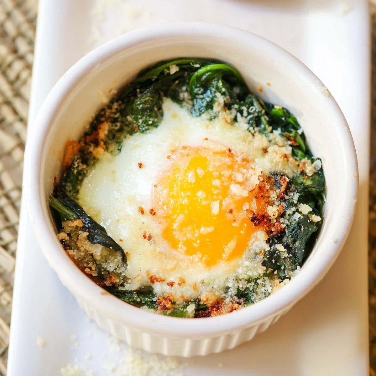 Golden Parmesan crusted baked eggs with wilted spinach in individual ramekins