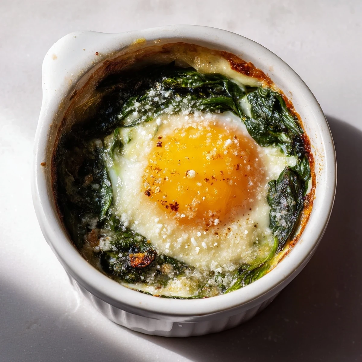 Creamy baked eggs spinach parmesan dish with runny yolks and melted cheese topping