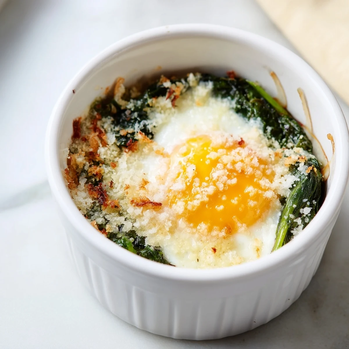 Savory Italian baked eggs with fresh spinach and golden parmesan crust served hot