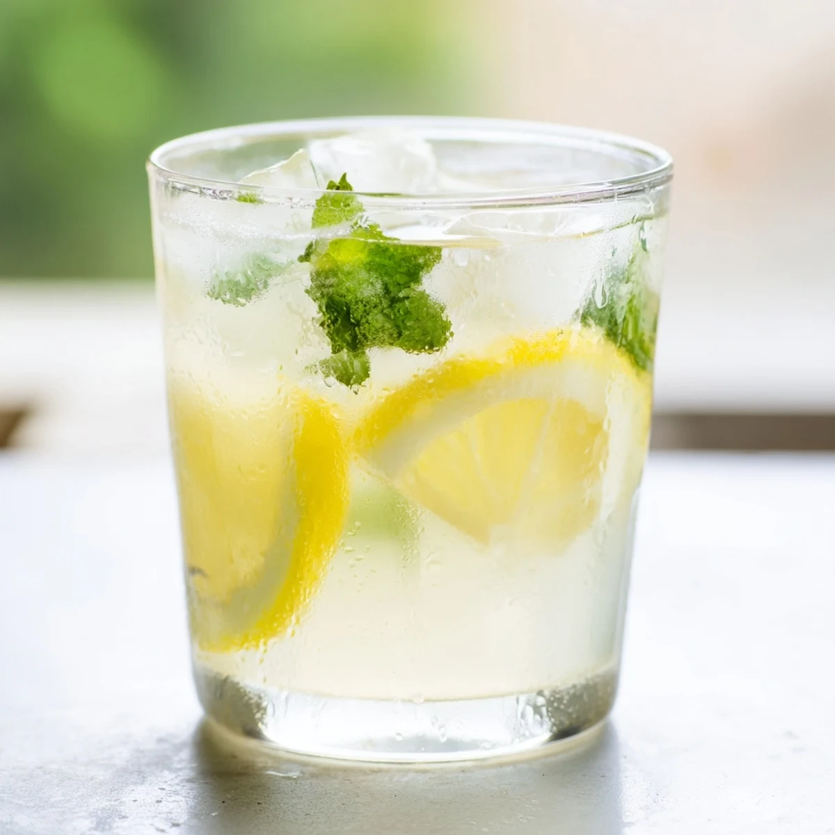 Refreshing lemonade drink displayed in glass pitcher with ice cubes, lemon wedges, and green mint sprigs