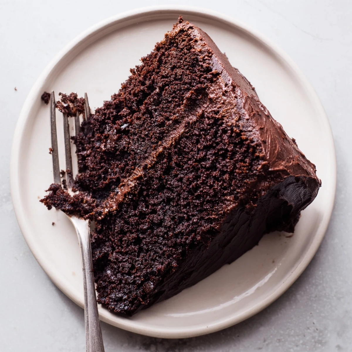 Moist chocolate cake with mayonnaise frosted with rich chocolate buttercream on a white plate