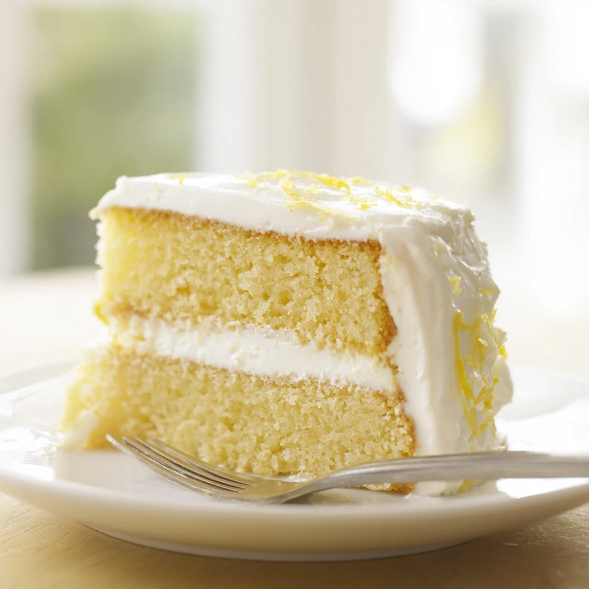 Golden lemon birthday cake with fluffy white frosting and fresh lemon slice garnish