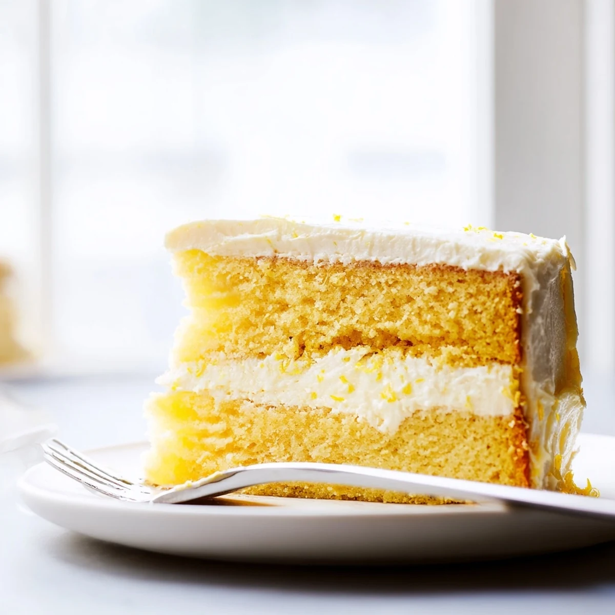 Tall layered lemon birthday cake topped with creamy citrus frosting and edible flower decorations