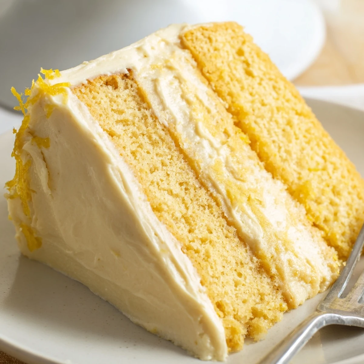 Slice of bright lemon birthday cake showing moist yellow crumb and tangy cream cheese frosting