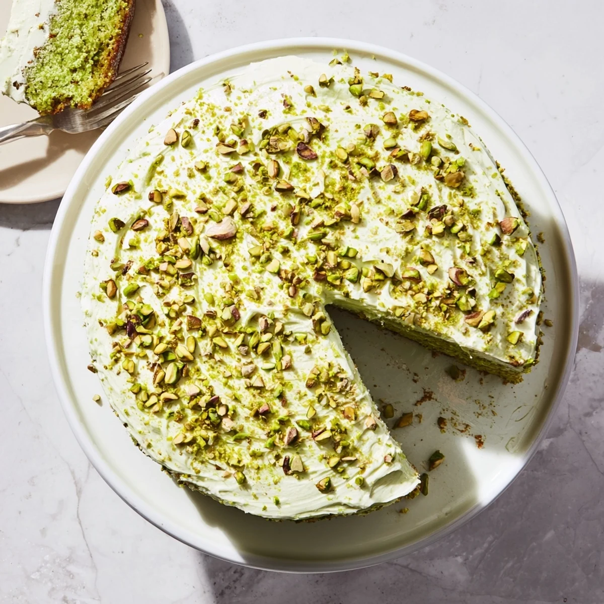 Slice of green-tinted pistachio cake with pistachio buttercream frosting topped with chopped nuts