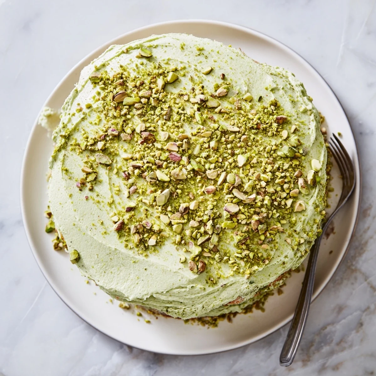 Homemade pistachio cake with pistachio buttercream frosting plated with scattered pistachio pieces