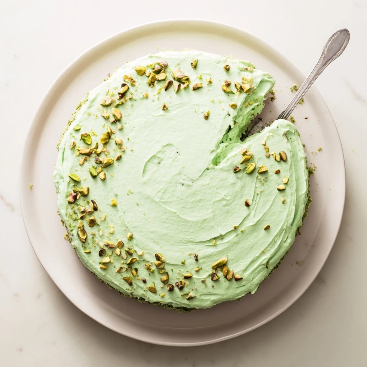 Two-layer pistachio cake with pistachio buttercream frosting served on white cake stand