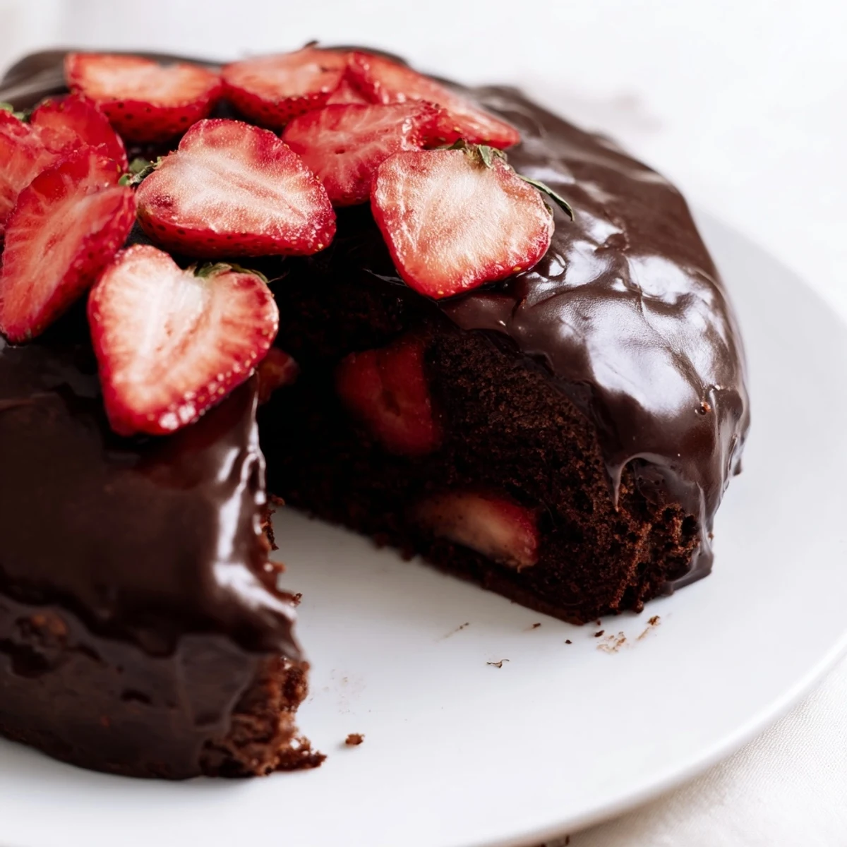 Moist chocolate cake frosted with glossy ganache and topped with vibrant sliced strawberries