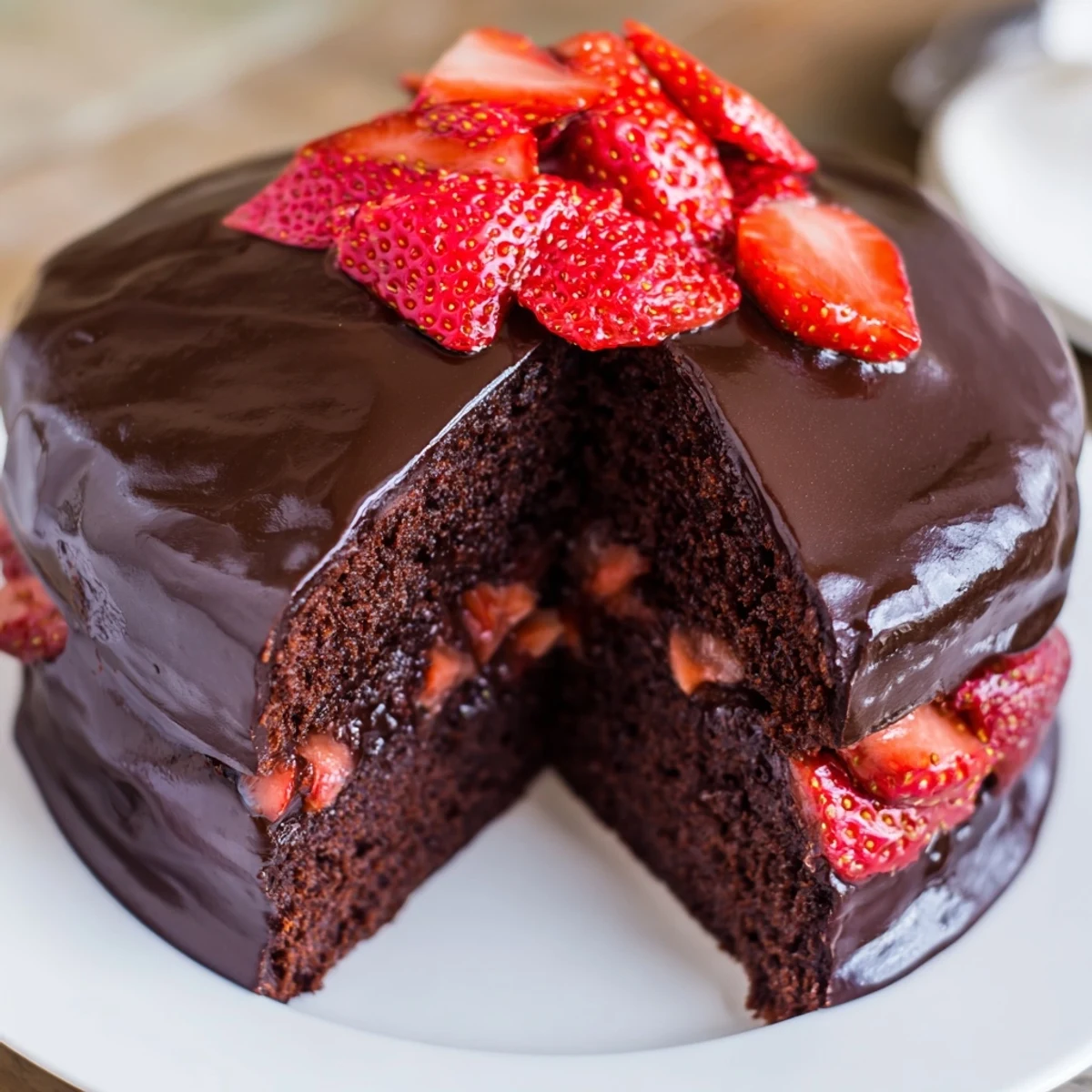 Decadent strawberry chocolate cake layered with rich ganache and fresh berries on a serving platter