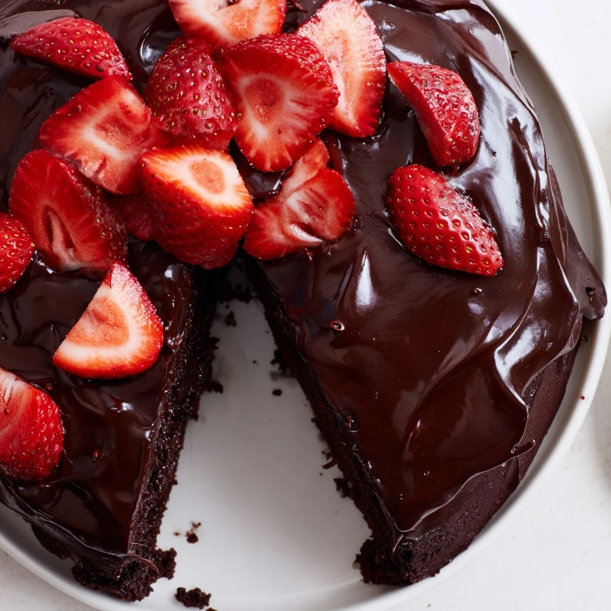 Layered strawberry chocolate cake showing chocolate ganache filling between cake layers with strawberry garnish
