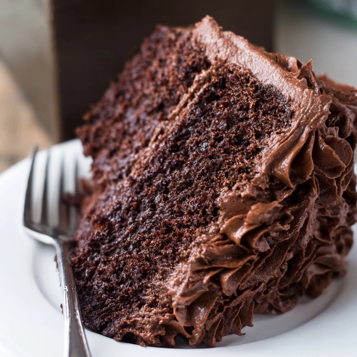 Decadent Matildas Chocolate Cake with rich chocolate frosting layered on a serving plate