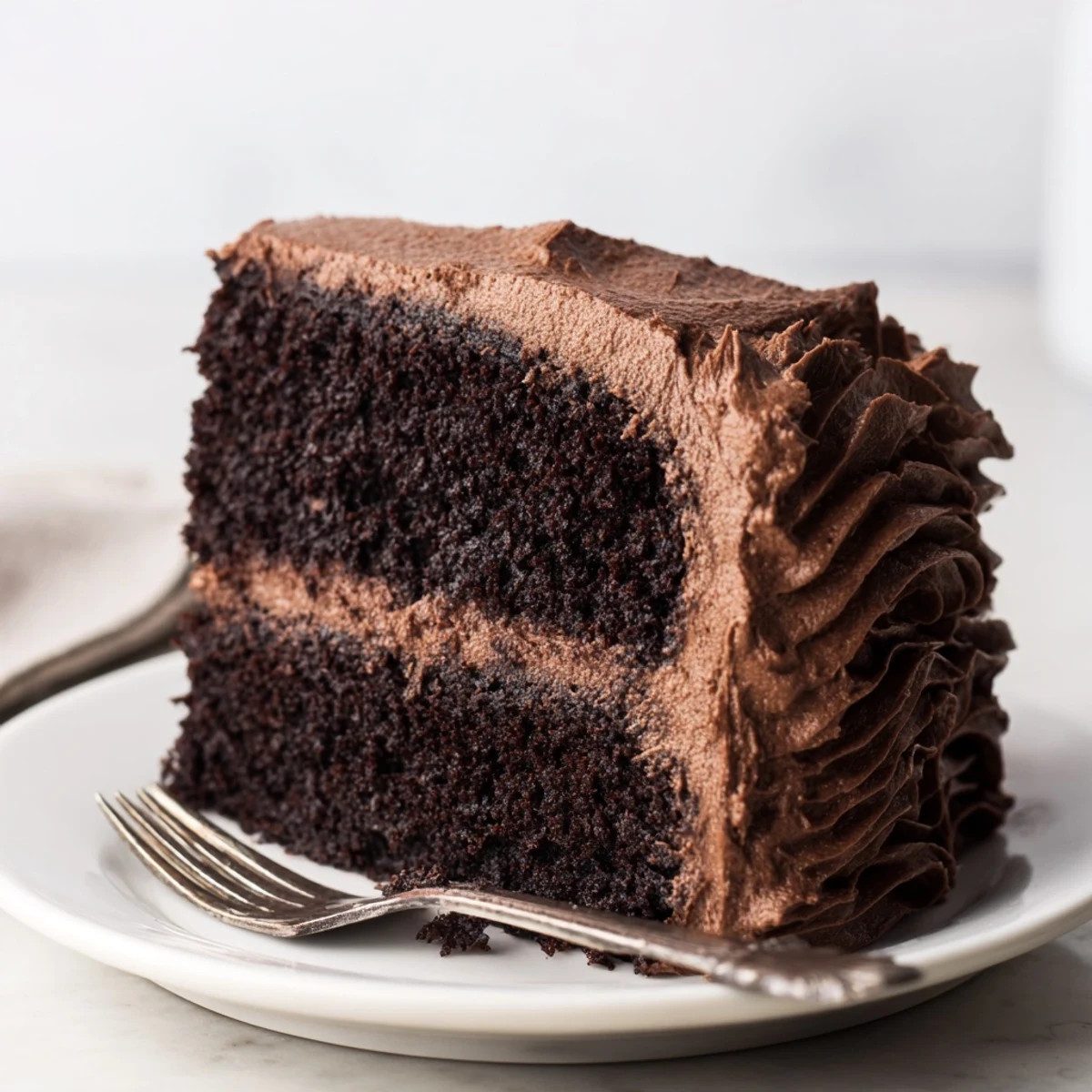 Moist Matildas Chocolate Cake sliced to reveal tender dark crumb topped with creamy buttercream