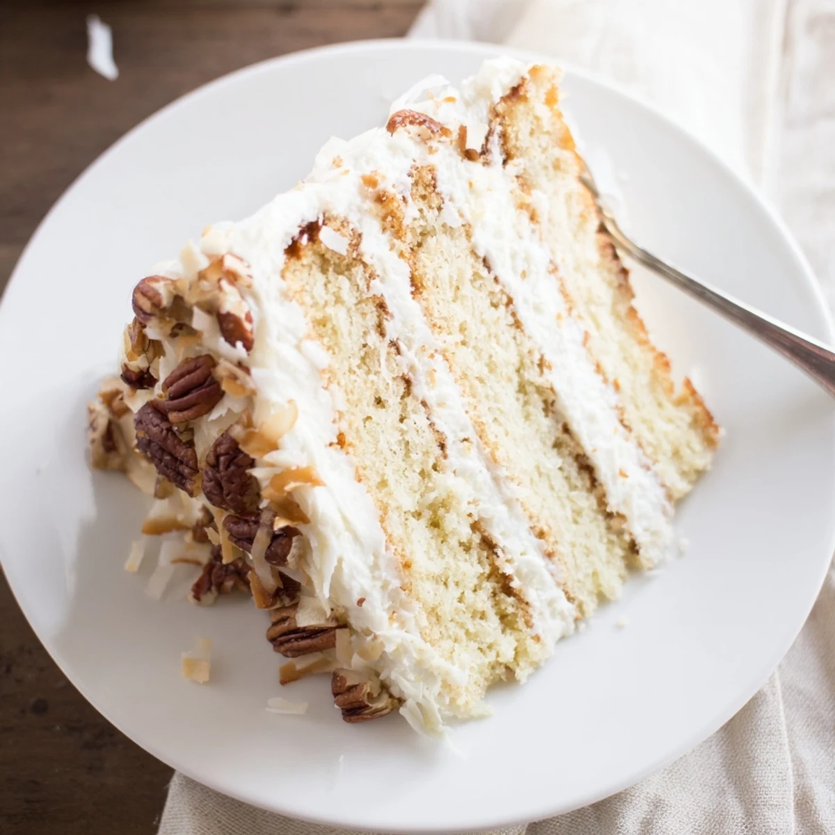 Moist coconut and pecan Quick Italian Cream Cake slice with rich cream cheese frosting