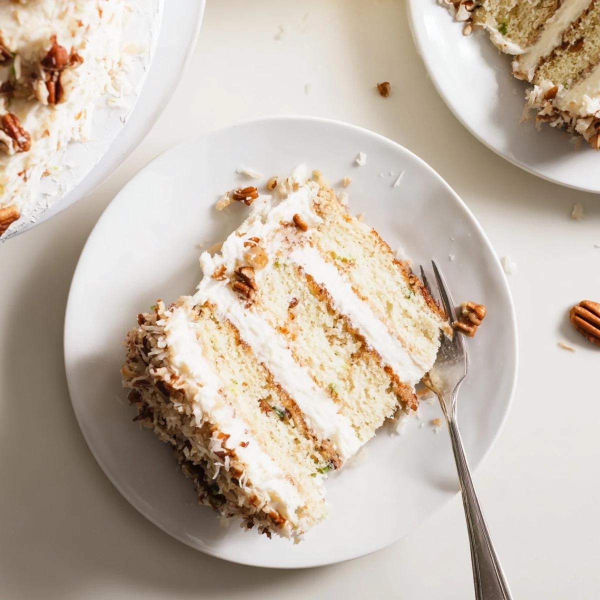 Golden slice of Quick Italian Cream Cake topped with creamy frosting and toasted coconut