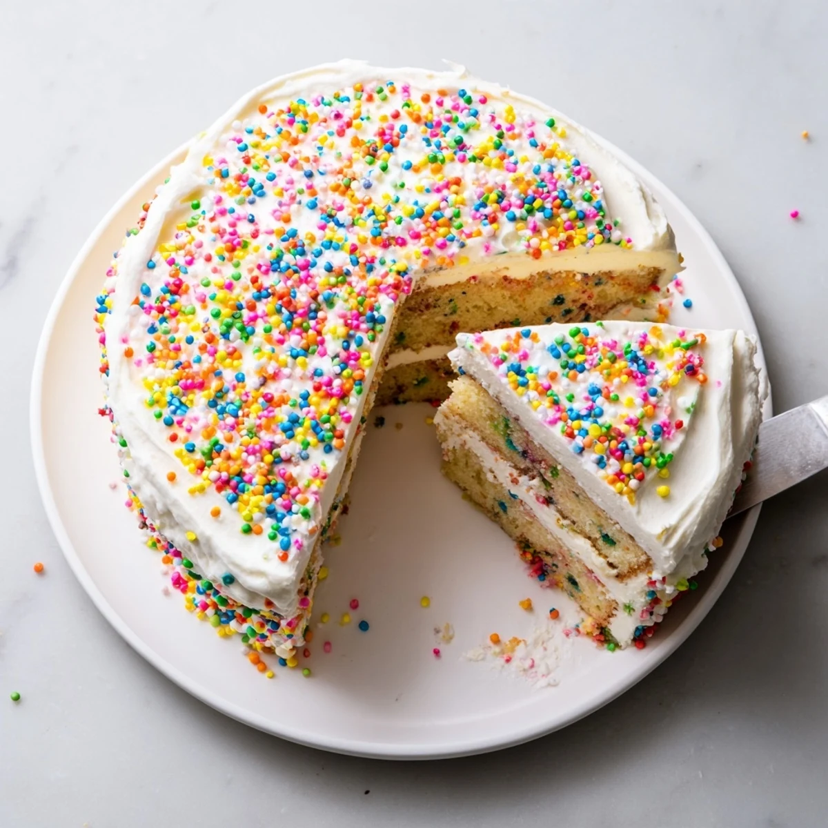 Festive homemade Funfetti cake with vanilla buttercream and colorful rainbow sprinkles