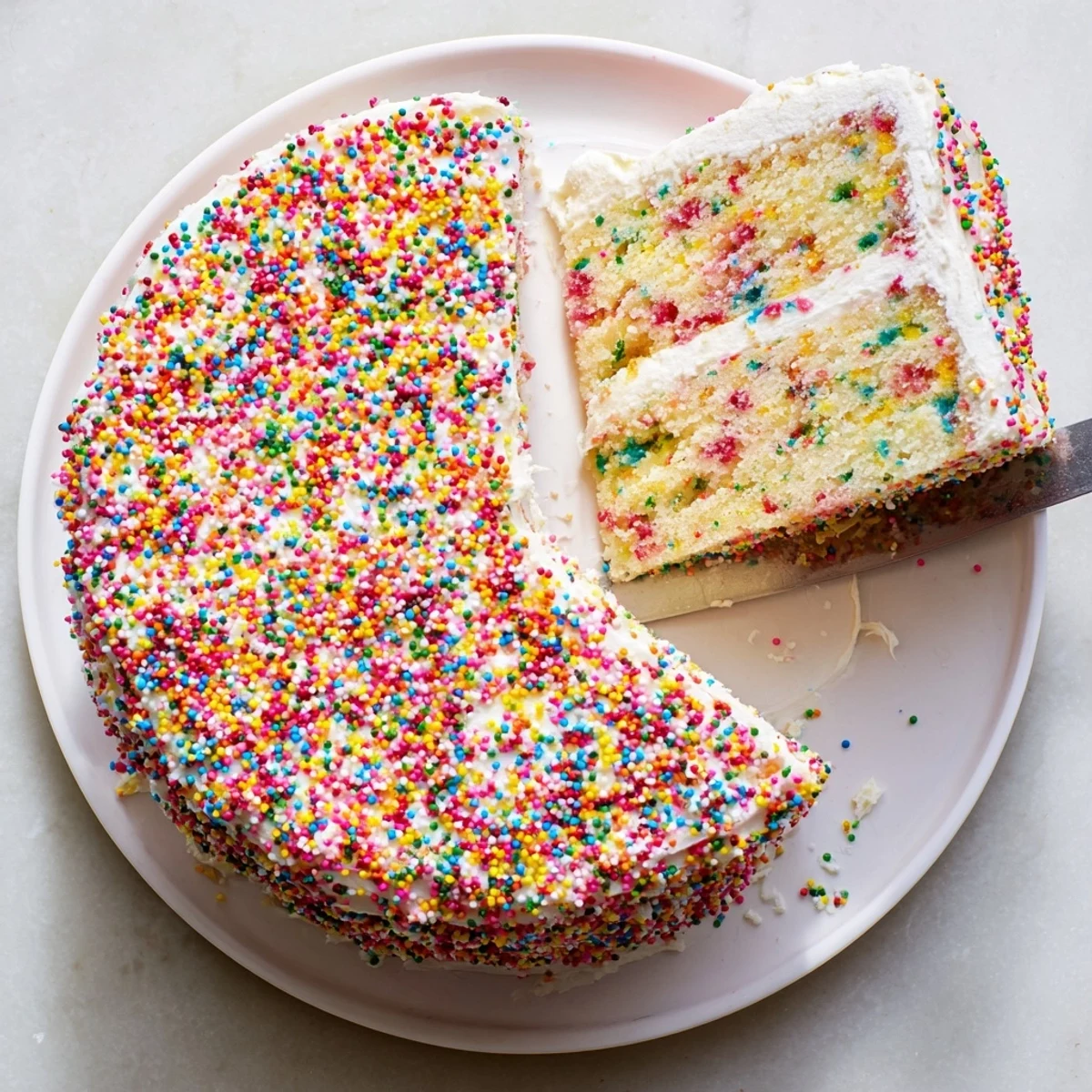 Slice of Funfetti cake showcasing rainbow sprinkles nestled in moist vanilla cake layers