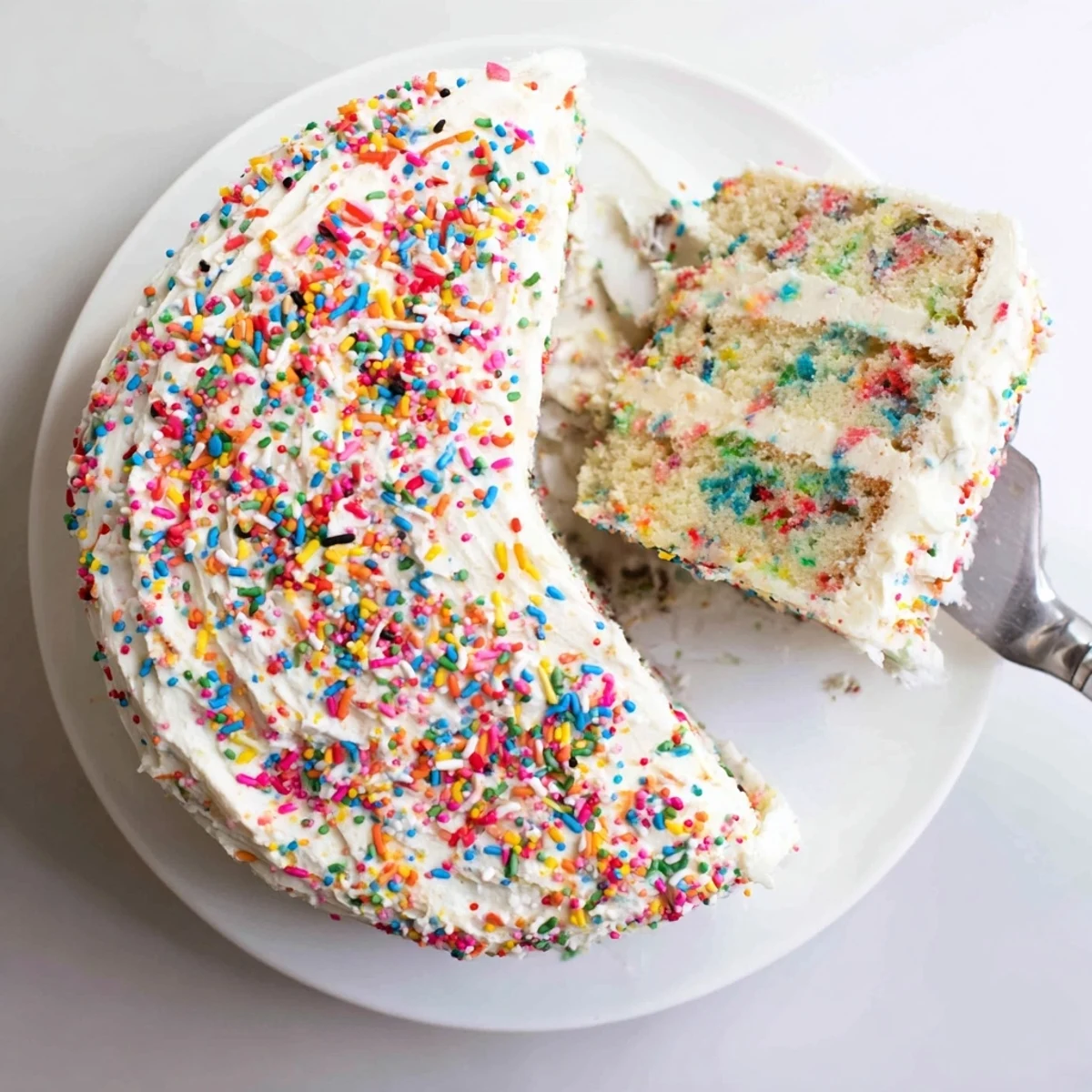 Birthday-ready Funfetti cake frosted with creamy vanilla buttercream and topped with sprinkles