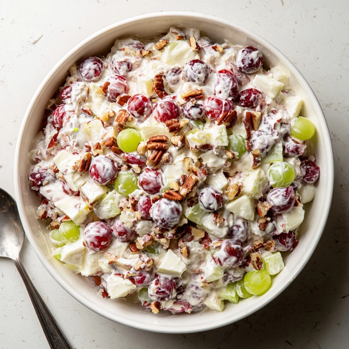 Creamy frozen cranberry salad with chopped fruits and nuts served in chilled square slices