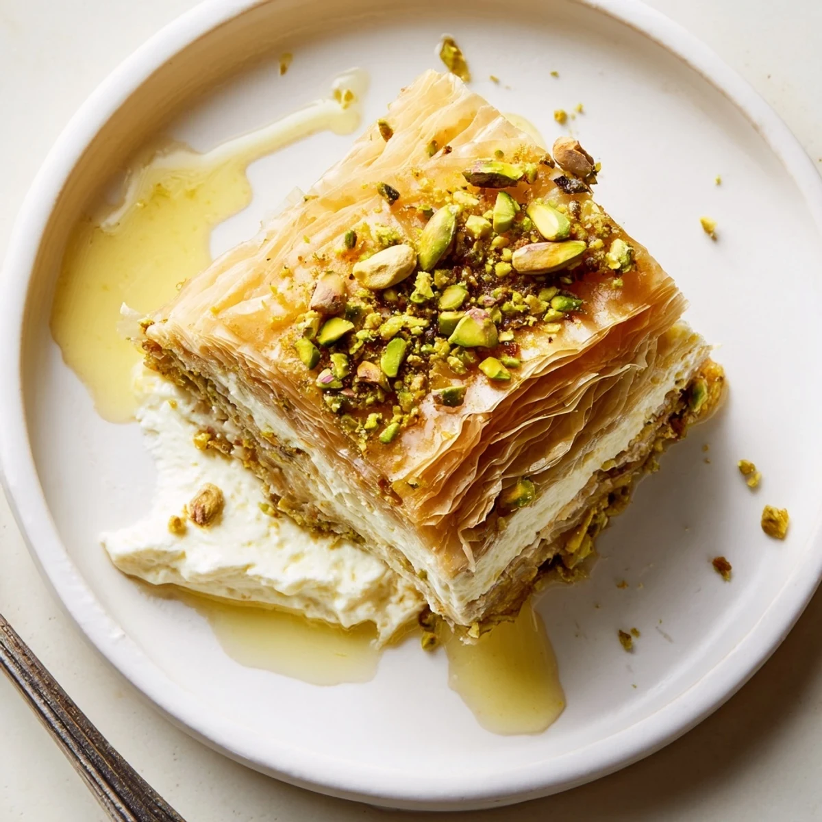 Warm golden phyllo edges surround Pistachio Baklava Cheesecake Delightful Dessert For Chill Days slice