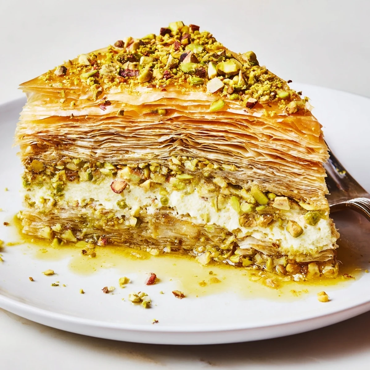 Syrup drizzled Pistachio Baklava Cheesecake Delightful Dessert For Chill Days served with mint tea