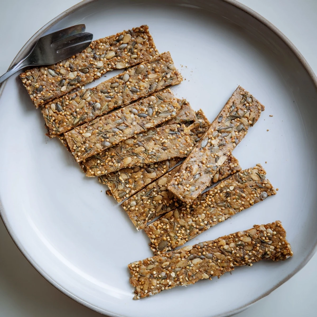 Homemade Seed Crackers broken into pieces beside hummus for dipping