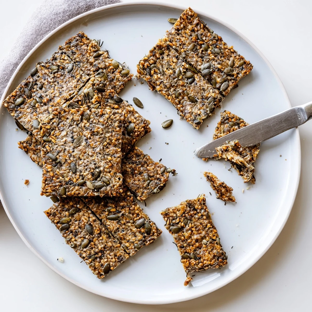 Thin baked Seed Crackers scored and golden, perfect with guacamole